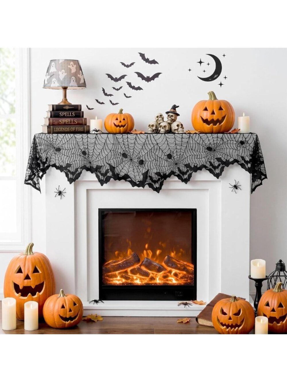 Black Lace Cobweb Halloween Mantel Scarf Cover Decor, 18x96 in - Spooky Home
